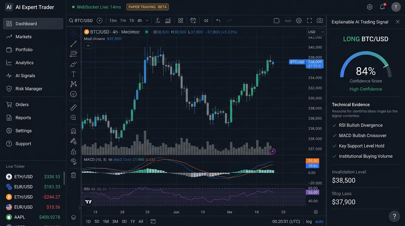 AI Expert Trader real-time market intelligence and risk management dashboard by Adex Soft